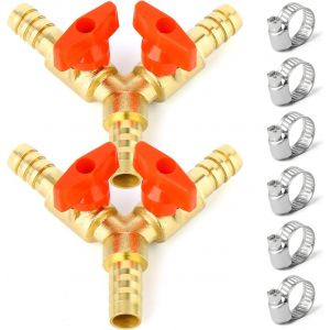 CMWX-2 pièces 3 Voies Robinet à tournant sphérique d'arrêt, 10mm Tuyau Barbe 2 Interrupteur en Laiton en Forme de Y avec 6 Pinces - Neuf