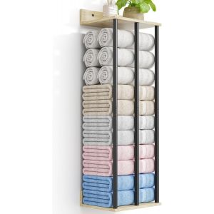 Ulteronixshop-Porte-Serviettes Mural avec &Eacute;tag&egrave;re en Bois - Rangement Salle de Bain Solide et Anti-Humidit&eacute; - Installation Facile - &Eacute;tag&egrave;re Murale pour Serviettes, Gel Douche et D&eacute;co (Noir/Bois Natur - Neuf
