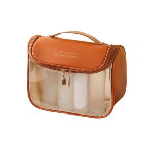 Trousse de maquillage transparente avec crochet - Trousse de toilette de voyage - Marron - 23 x 12 x 18 cm - Cuir PU et PVC - Neuf