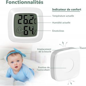 Lot de 2 thermomètres d'intérieur, petit hygromètre numérique haute précision, moniteur de température et d'humidité, indicateur de niveau de confort pour bureau, chambre de bébé, vestiaire - Neuf