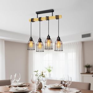 Ulteronixshop-Suspension Luminaire Industrielle, E27 Lustre Salle &Agrave; Manger 52cm, Noir Lustre Bois Avec 4 T&ecirc;tes, Moyenne Luminaire Salon Avec Abat-Jour En Forme De C&ocirc;ne(Sans Ampoule) - Neuf