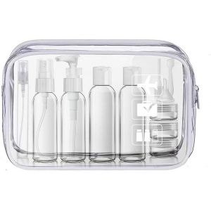 KALANKA-Trousse de Toilette Voyage Transparente, Flacon de Voyage(100ml), Kit de 13 Pi&egrave;ces et 1 Sac Refermable (20x20cm) Conforme aux Normes UE et UK pour Bagages &agrave; Main, Voyage Accessoires - Neuf