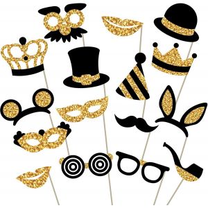 16 Pack Party Props Photo Booth Birthday Wedding Car New Year Party Accessories Mix (Gold) - Neuf