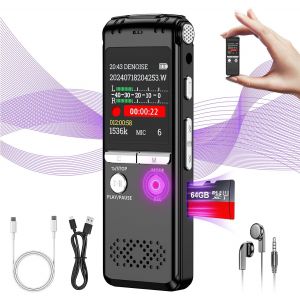 64GB Enregistreur Vocal Numérique-1536 Kbps Enregistreur Vocal en Une Seule Touche avec Lecture & Réduction du Bruit,Enregistreur Audio pour Conférence/Interviews/Classes/Réunion.[V286] - Neuf