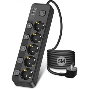 Multiprise avec interrupteur 5M, 5 prises Multiprise Electrique avec 2 USB-A et 1 USB C, Prise Multiple Parafoudre Parasurtenseur pour Bureau/Cuisine, noir (5M) - Neuf
