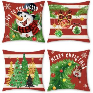 Cauc-Housse De Coussin No&euml;l Bonhomme De Neige Sapins De No&euml;l Balles Rouge 45 X 45 Cm Polyester Lin D&eacute;coratif Taie D'oreiller Pour Canap&eacute; Salon Chambre Jardin Maison D&eacute;coration 4 Pi&egrave;ces - Neuf