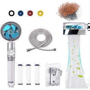 CHAAS-Pommeau de Douche Anticalcaire à Economie d'eau Douche à main Pomme de Douche à Hélice haute Pression Rotative à 360 ° Système de Filtration à trois Etages avec4 cotons Filtrants pp et 1Tuyau(b - Neuf
