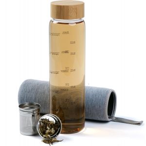Jexnovashop-Bouteille Infuseur &Agrave; Th&eacute; 1l - Gourde En Verre 1 Litre - Gourde 1l En Verre Borosilicat&eacute; Avec Couvercle Rotatif En Bambou - Theiere Avec Infuseur 1l Avec Housse En N&eacute;opr&egrave;ne - Gris - Neuf