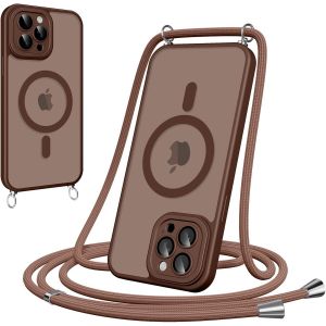 Maa-Coque Magnétique Pour Iphone 16 Pro Max Avec Cordon, [Compatible Avec Magsafe] Etui Translucide Mat Arrière Anti-Jaunissement Antichoc Réglable Portable Lanyard Case Protection, Brun - Neuf