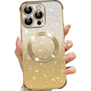 TRAHOO-Coque Magn&eacute;tique pour iPhone 14 Pro, Etui &agrave; Paillettes Compatible avec MagSafe, Antichoc Charge sans Fil Housse pour iPhone 14 Pro, avec 2 Verre Tremp&eacute;, Dor&eacute; - Neuf