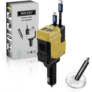 THEF-Chargeur Voiture Rétractable, Chargeur Adaptateur 4 en 1 de Charge Rapide avec Câbles Rétractables et 2 Ports, Allume Cigare Compatible avec iPhone, Galaxy, Pixel, avec Brise Vitre (Jaune) - Neuf