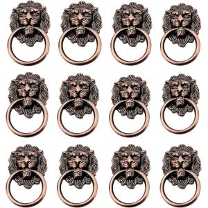 Paquet de 12 poignée de porte diamètre heurtoir de porte poignée poignée vert bronze pur cuivre moulé sous pression tête de lion rétro maison hôtel temple décoration - Neuf