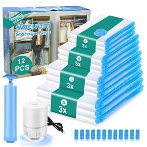 JEXNOVASHOP-Sac Sous Vide Vetement Aspirateur et Pompe &Eacute;lectrique, Sac de Rangement Sous Vide 12 Pi&egrave;ces(3XL 3L 3M 3S) Housse V&ecirc;tement Aspirateur R&eacute;utilisables pour Literie, V&ecirc;tements, Matelas, Couett - Neuf