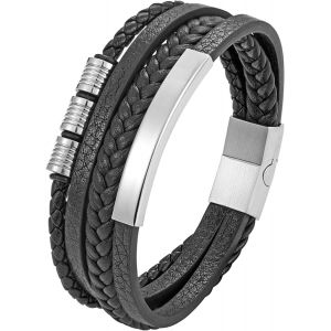 Eryi-Bracelet Homme Cuir, Bracelet Cuir Homme Acier, Cadeau Cadeaux Pour Homme, Bracelets En Cuir Noir Marron Bleu Pour Papa Papy - Neuf
