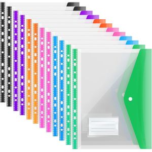 ChenQuanSarl-Lot De 12 Pochettes Perforées Extensibles A4 En Plastique Pour Dossiers,Pochettes Transparentes Avec Fermeture À Pression Et Pochette Pour Etiquette,6 Couleurs - Neuf