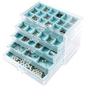 Bo&icirc;te De Rangement En Acrylique Transparent Pour Bijoux Et Boucles D'oreilles Avec 5 Tiroirs Et Plateaux En Velours Pour Femme - Pour Bagues Et Clous D'oreilles, Rose - Neuf