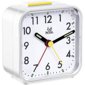 Petit réveil analogique silencieux de voyage, sans tic-tac, avec veilleuse, fonction répétition, fonctionne à piles, grand écran, pour chambre à coucher ou bureau (blanc) - Neuf