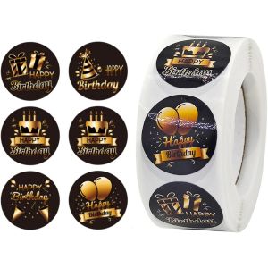 Trahoo-Joyeux Anniversaire Autocollant Rond, 500pcs Anniversaire Rouleau Autocollants Sceau, Noir Or Décorative Étiquettes Autocollantes Pour Cartes, Enveloppe Étanchéité, Cadeau Emballage De Fête (S - Neuf