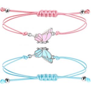 Kalsw-Lot De 2 Bracelets D'amitié Réglables Avec Papillon Pour Fille,Bracelet Papillon Simple Pour Femme Et Amie (Bleu+Rose) - Neuf