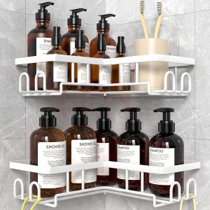 Etagere Salle de Bain, 2 Pi&egrave;ces &Eacute;tag&egrave;re Douche d'angle sans Per&ccedil;age, Rangement et Organisation de la Salle de Bain, Accessoires Douche Blanc - Neuf