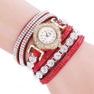 Montre A Quartz Ccq Pour Femme, Bracelet En Daim Multicouche, Strass, Rouge - Neuf