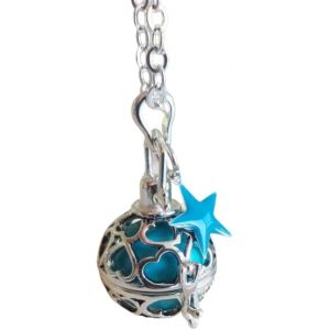 Yemaesre-Bola De Grossesse En Argent Avec Chaine. Cage Coeur, Bille Bleu Turquo , Avec Etoile Bleu Turquo . Modèle Pramana - Neuf
