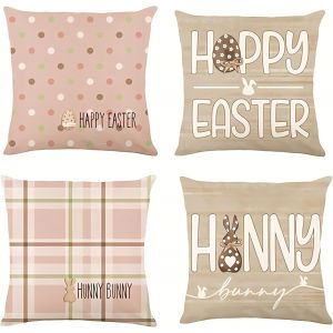 CAUC-Lot de 4 housses de coussin, 40 x 40 cm, d&eacute;coration de P&acirc;ques, en lin, pour canap&eacute;, motif printemps, Happy Easter - Neuf