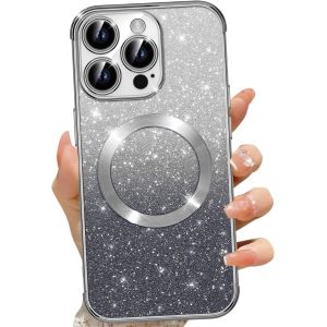 SJZG-Coque Magn&eacute;tique Pour Iphone 16 Pro 6,3"", Etui &Agrave; Paillettes Compatible Avec Magsafe, Antichoc Charge Sans Fil Housse Pour Iphone 16 Pro, Avec 2 Verre Tremp&eacute;, Noir - Neuf