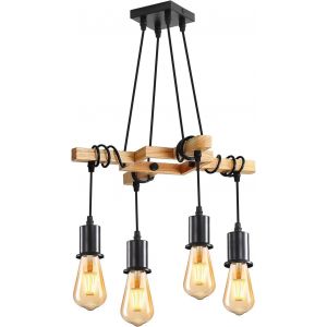 Ulteronixshop-Suspension Luminaire Industriel, Plafonnier Lustre En Bois E27, Luminaire Plafonnier Vintage Noir R&eacute;glable En Hauteur Pour Salon Cuisine, Chambre, 4 Ampoules Non Incluses - Neuf