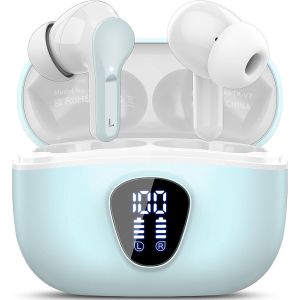 KALANKA-Ecouteurs Bluetooth sans Fil, &Eacute;couteurs Bluetooth 5.4 Oreillette Bluetooth Basses Immersives avec 4 ENC Mic, Casque Bluetooth sans Fil 46H avec &Eacute;cran LED, &Eacute;tanche IP7 Contr&ocirc;le Tactile,Bleu Cl - Neuf