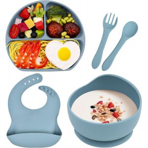 Kal-Assiette Ventouse Pour B&eacute;b&eacute; Silicone Coffret Repas Set Enfants Avec Assiette Bol Bavoir Cuillere Fourchette 5 Pi&egrave;ces Vaisselle Kit Gar&ccedil;on Fille Sans Bpa, Lave Vaisselle Et Au Micro Ondes, Bleu - Neuf