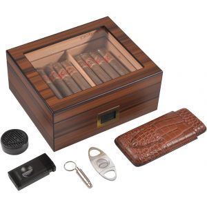 SUBZONAL-Bo&icirc;te a Cigare, Cave &agrave; Cigare en C&egrave;dre Espagnol Capacit&eacute; 25-50 Cigare Cubain, Humidor Cigares avec Briquet &agrave; 3 Jets, Etui a Cigares, Hygrom&egrave;tre, Humidificateur, Superbe Cadeau pour Hommes - Neuf