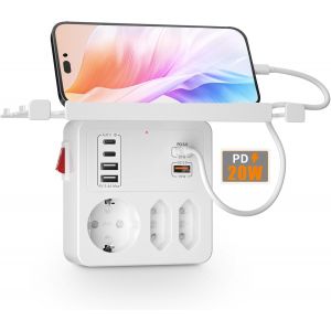 PD20W Prise Multiple avec Interrupteur,Multiprise Murale avec Charge Rapide PD3.0 20W et QC3.0 18W,Multiprise 3 Prises 6 USB Chargeur,Triplette Adaptateur Prise Type C avec Support de Téléphone,Blanc - Neuf