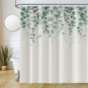 KAL-Rideau Douche Anti Moisissure, Rideau De Douche 180X200Cm Feuilles Vert Eucalyptus Fleur Violet Rideaux De Baignoire Tissu Lavable Imperméable Polyester Rideaux Salle De Bain Avec 12 Crochets - Neuf