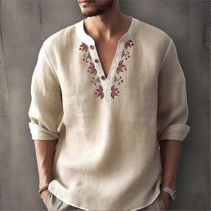 Hommes Chemisier Vintage Bohème Imprimé À Manches Longues Chemise Boutonnée Décontractée Chemisier Lâche Henley V-Col Plage Tops Hawaïen T-Shirts - Neuf