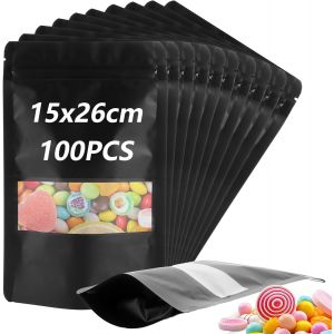 Cmws-100 Pièces Sachet Kraft Alimentaire, Réutilisables Emballage Alimentaire, Pochette Kraft Avec Fermeture Zip Et Fenêtre Transparente, Pour Noix, Céréales, Grains De Café, Etc (Noir, 15x26 Cm) - Neuf