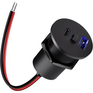 JGD-Prise USB C 12V Encastrable Aluminium, Double Prise avec Interrupteur et Lumi&egrave;re Bleue 12 Volt Voiture PD3.0 et QC3.0 Charge Rapide pour Camping-Car Bateau Marine Camion Caravane, 1 Pi&egrave;ce - Neuf
