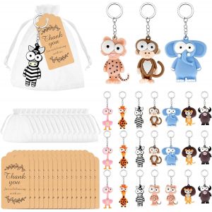 Lbgwp60-24pcs Mini Porte-Clés Animaux, Sets Porte Clef Dessin Animé Pour Enfant, Avec Sachet Organza Et Etiquette Merci, Cadeaux Dinvités Pour Anniversaire Mariage Baptême Fête Et Décoration De Sac D - Neuf