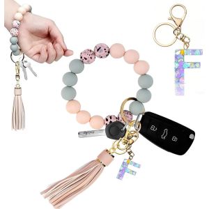 Kal-Porte-Cl&eacute;s Fille Avec Initiales, Porte-Cl&eacute;s Pour Femme, Bracelet Pour Femme, Porte-Cl&eacute;s De Voiture, Perles En Silicone, Cha&icirc;ne De Cl&eacute;s Pour Femme - Neuf