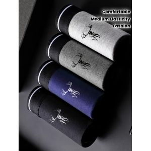 Lot De 4 Boxers Pour Hommes Avec Imprim&eacute; T&ecirc;te De Cerf - Tissu Extensible, Sous-V&ecirc;tements Confortables Avec Un Design Animal Stylis&eacute;, Options Noires, Grises, Bleues Et Blanches, Sous-V&ecirc;tements Confortables | Imprim&eacute; T&ecirc;te De Cerf | &Eacute;lasticit&eacute; Moyenne - Neuf