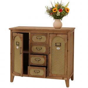 Commode de pharmacien HWC-O63, buffet, armoire, compartiments de rangement, tiroirs, aspect rotin vintage 80x91x40cmCorps naturel - Neuf