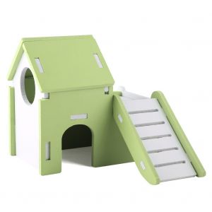 Hjlian Maison Pour Hamster, Adorable Maison De Couchage En Bois A Double Couche Avec Toboggan De Jeu Vert - Neuf