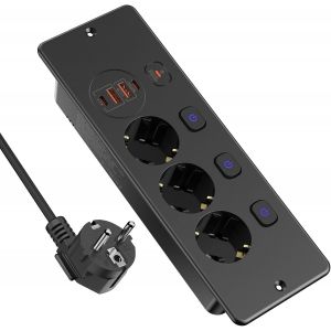 Prise encastrable avec USB, prise de table avec interrupteur ind&eacute;pendant, prise escamotable, avec c&acirc;ble de 1,8 m, 3 compartiments, protection contre les surtensions, 3250 W, pour cuisine, bureau, noir - Neuf