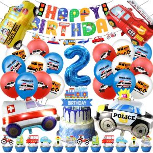 TRAHOO-Décoration Voiture 2 Ans, Cars Ballon Anniversaire Enfant, 52 Pcs Moto Deco Garçons Filles, Transport Theme, Kit Fête avec Bannière Gâteau Topper - Neuf