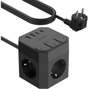 Cube de Prise 7 en 1 avec USB C, Multiprise Electrique avec 2 USB C& 2USB A Chargeur de Voyage(5V3,4A/17W), Multiprise avec Interrupteur Individuel Cable 3m pour Smartphone Tablette- Noir - Neuf