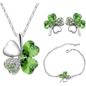Eryi-Collier Trefle Boucles D'oreilles Trèfle À Quatre Feuilles Bracelets Réglable Pendentif Chaîne Ensemble De Pêche Coeur Strass Cristal Incrusté Bijoux Pour Filles Femmes - Neuf