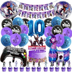 49 Pi&egrave;ces D&eacute;co Anniversair, Anniversaire Fortni, D&eacute;coration Anniversaire Gaming, Kit Anniversaire Gar&ccedil;on, Decoration Anniversaire Jeu Vid&eacute;o, Deco Gaming,10 Ans Deco Anniversaire - Neuf