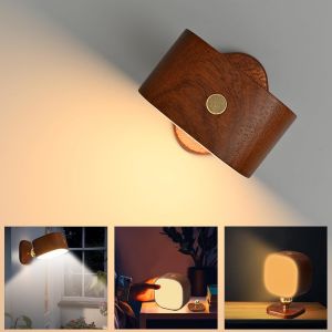 Lampe Murale Led Intérieur, 3 Modes De Couleurs, Luminosité Variable Multiple, 360° Rotation Touch Lampe Murale, Lamp Murale En Bois Lampe Sans Fil Pour Salon, Chambre À Coucher, Couloir, Escalier - Neuf