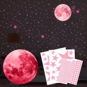435 autocollants lumineux, étoiles phosphorescentes, lune fluorescente, étoiles lumineuses, plafond phosphorescent pour chambre d'enfant (rose) - Neuf