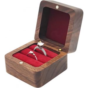 Boite a Bijoux Bois,Double Fente Boite Bague de Fiançailles,Porte Alliance de Mariage Carrée,Élégant Vintage Boîte de Support de Bague de Mariage (Rouge) - Neuf